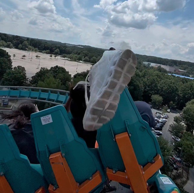 Moment man is hit in the face with flying shoe on rollercoaster travelling at 70mph